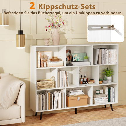 Bookshelf with 3 Tiers, Wood Legs, 140 cm, Anti-Tip