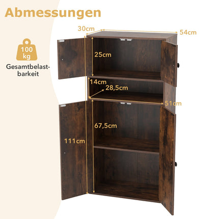 Bookshelf with 4 Doors, Adjustable Shelf, 111 cm High