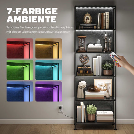 Bookshelf with 5 Shelves, LED Lighting, 7 Colors, Black