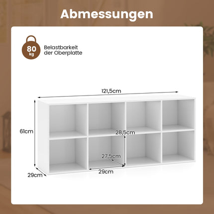 Bookshelf with 8 Compartments, 121.5 x 29 x 61 cm, White