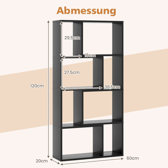 Bookshelf with 8 Compartments, 4 Tiers, 60x20x120 cm, Black