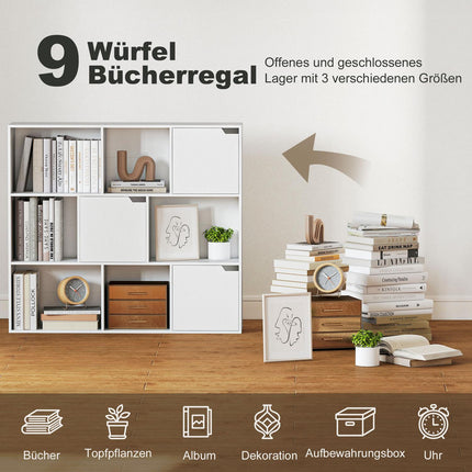 Bookshelf with 9 Cubes, 3 Doors, 6 Open Shelves, White