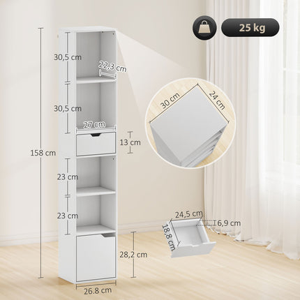 Bookshelf with Adjustable Shelves and Drawer, White
