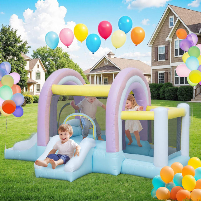 Inflatable bouncy castle with slide and basketball hoop for children