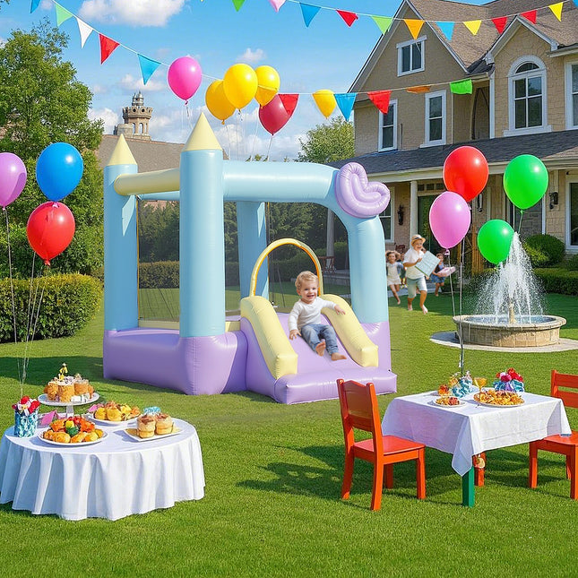 Inflatable bouncy castle with slide and fan for children 3-8 years
