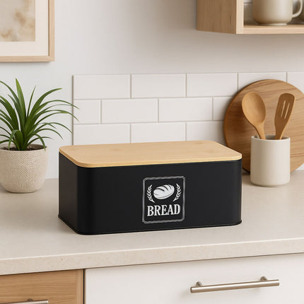 Bread Bin with Bamboo Lid – Retro Design, Metal Casing