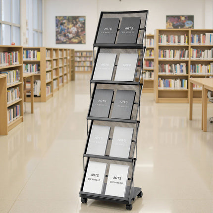 Brochure Display Rack, 5-Tier Foldable Metal, Wheels