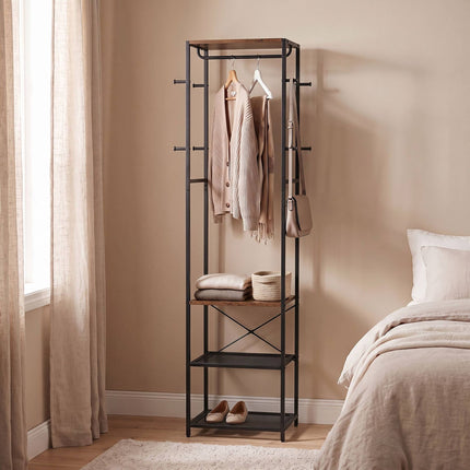 Brown Coat Rack with Hooks, Shelves & Rail