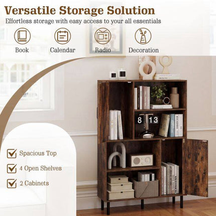 Brown Sideboard Cabinet, 4 Compartments, 2 Doors, Metal Legs