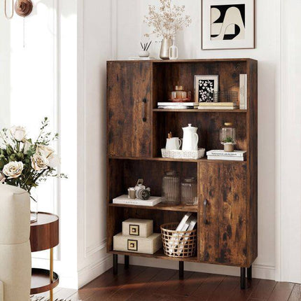 Brown Sideboard Cabinet, 4 Compartments, 2 Doors, Metal Legs