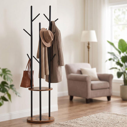 Brown Tree-Shaped Coat Rack with 8 Hooks and 2 Shelves
