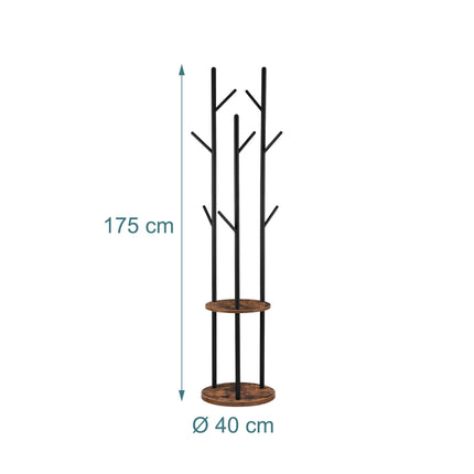 Brown Tree-Shaped Coat Rack with 8 Hooks and 2 Shelves