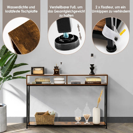 Brown console table with open shelf and steel frame 120 x 23 x 79 cm