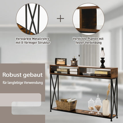 Brown console table with open shelf and steel frame 120 x 23 x 79 cm