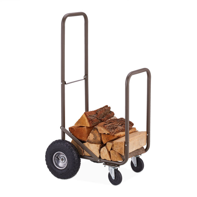 Brown firewood cart with pneumatic tires