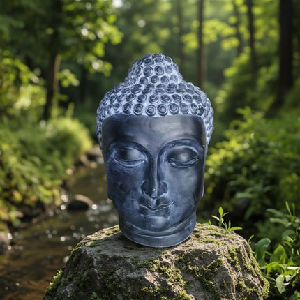 Buddha Head Sculpture, Polyresin, Lava-Stone Finish