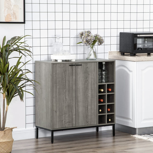 Gray buffet cabinet with wine rack, adjustable shelves