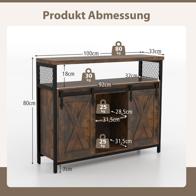 Buffet cabinet with 3-tier adjustable shelves & sliding doors & open compartments in farmhouse style