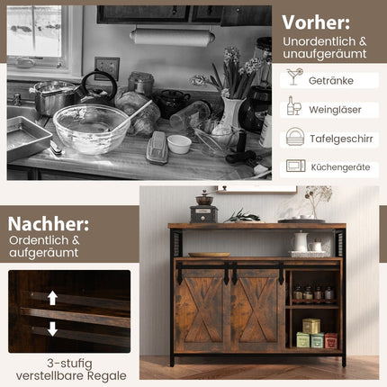 Buffet cabinet with 3-tier adjustable shelves & sliding doors & open compartments in farmhouse style