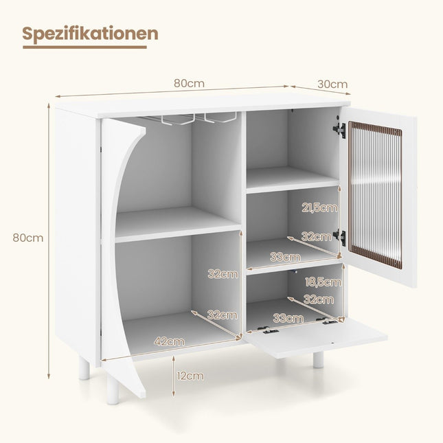Buffet cabinet with glass door & open shelf & metal legs sideboard 80 x 30 x 80 cm white