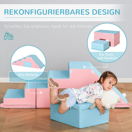 Foam building blocks, table and chairs, reconfigurable, pink/blue