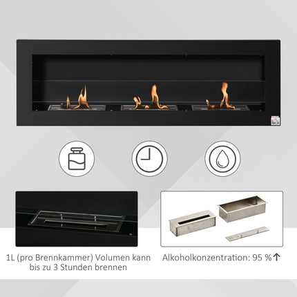 Built-In Ethanol Fireplace, 3 Burners, 120cm, Black