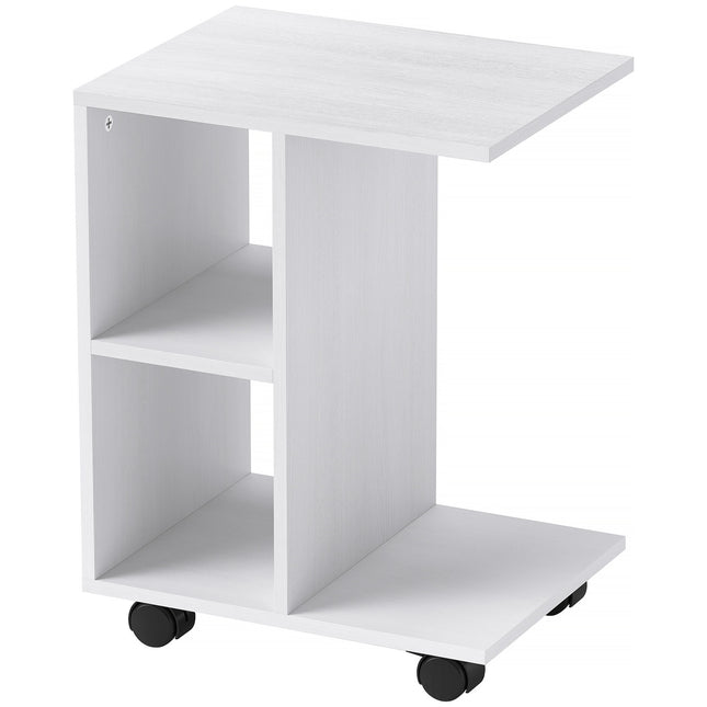 C Shape side table with wheels for small spaces, white