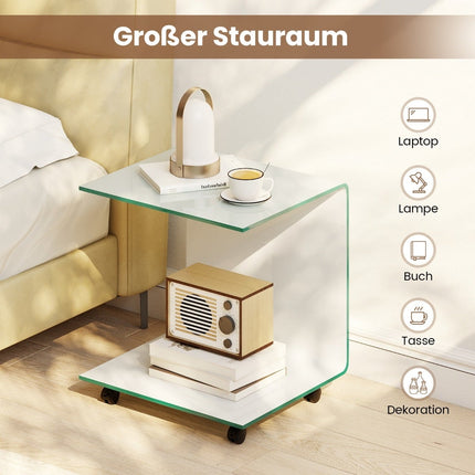 C-Shaped Glass Side Table with Wheels – White, 12mm Glass