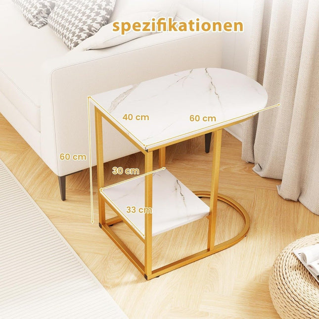 C-Shaped Side Table, Faux Marble, 2-Tier Storage