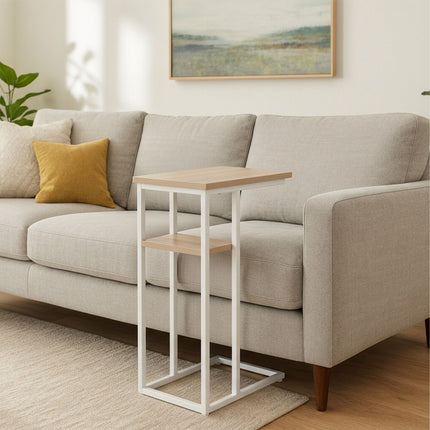 C-Shaped Side Table with 2 Shelves – Metal & Wood