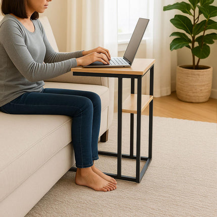 C-Shaped Side Table with 2 Shelves for Sofa & Bed