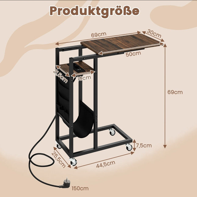 C-Shaped Side Table with Charging Station & Storage Pocket