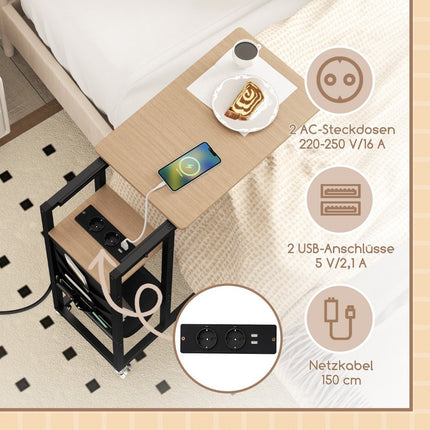 C-Shaped Side Table with Charging Station & Storage Pocket
