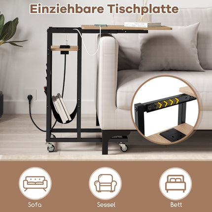 C-Shaped Side Table with Charging Station & Storage Pocket
