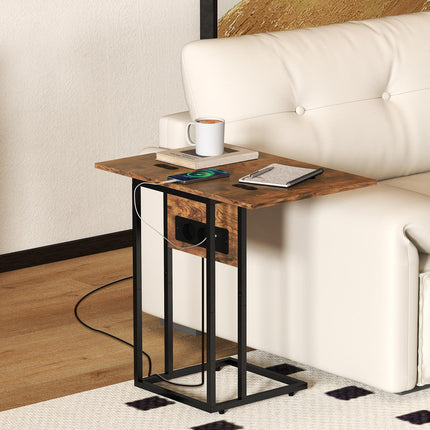 C-Shaped Side Table with Charging Station and Foldable Top