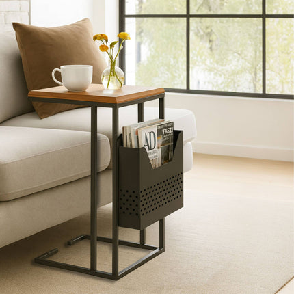 C-Shaped Side Table with Magazine Rack, Wood and Metal