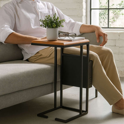 C-Shaped Side Table with Magazine Rack, Wood and Metal