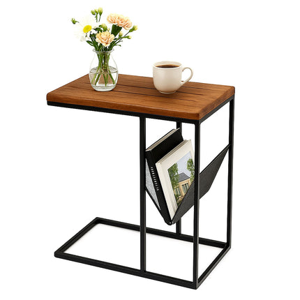 C-Shaped Side Table with Magazine Rack, Wood and Metal