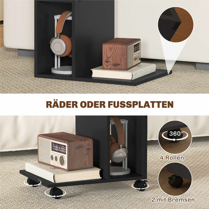 C-Shaped Side Table with Wheels, 3 Shelves, 40x30x69 cm, Black