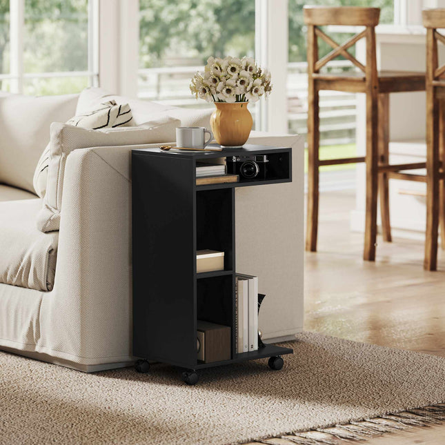 C-Shaped Side Table with Wheels, 3 Shelves, 40x30x69 cm, Black