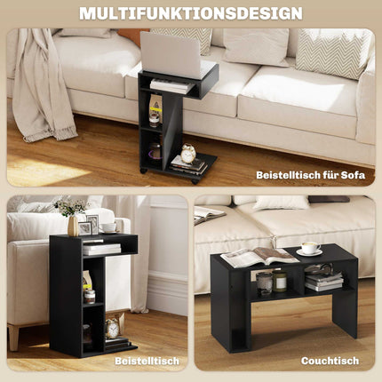 C-Shaped Side Table with Wheels, 3 Shelves, 40x30x69 cm, Black