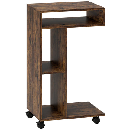 C-Shaped Side Table with Wheels, 3 Shelves, Rustic Brown