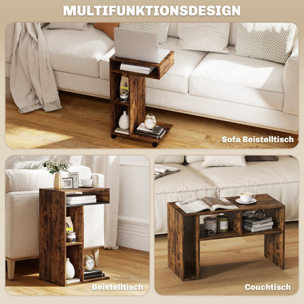 C-Shaped Side Table with Wheels, 3 Shelves, Rustic Brown