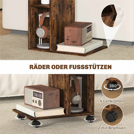 C-Shaped Side Table with Wheels, 3 Shelves, Rustic Brown