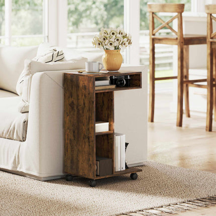 C-Shaped Side Table with Wheels, 3 Shelves, Rustic Brown