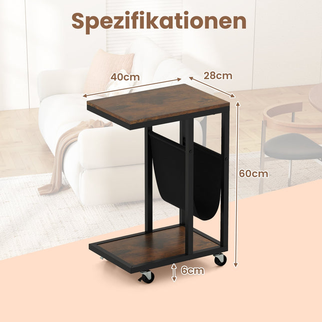 C-Shaped Side Table with Wheels, Metal Frame, Storage