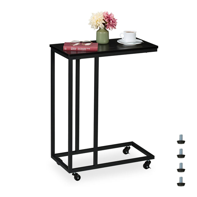 C-Shaped Side Table with Wheels, Metal and MDF