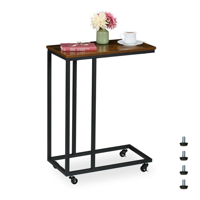 C-Shaped Side Table with Wheels, Metal and MDF