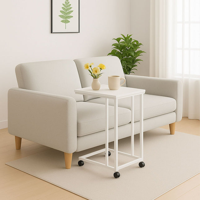 C-Shaped Side Table with Wheels – Wood-Effect Top