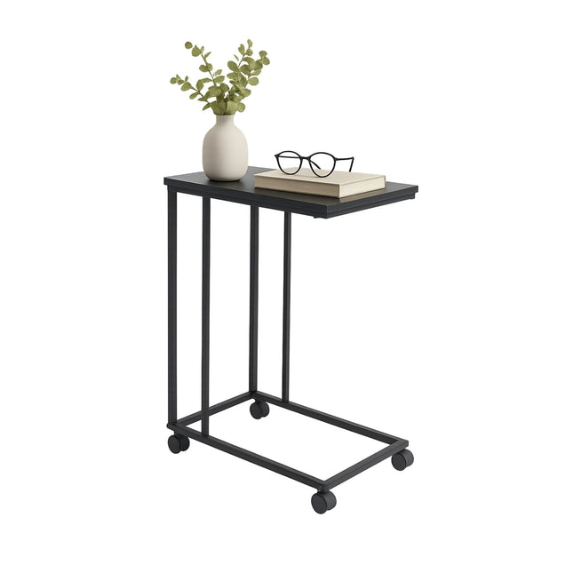 C-Shaped Side Table with Wheels – Wood-Effect Top